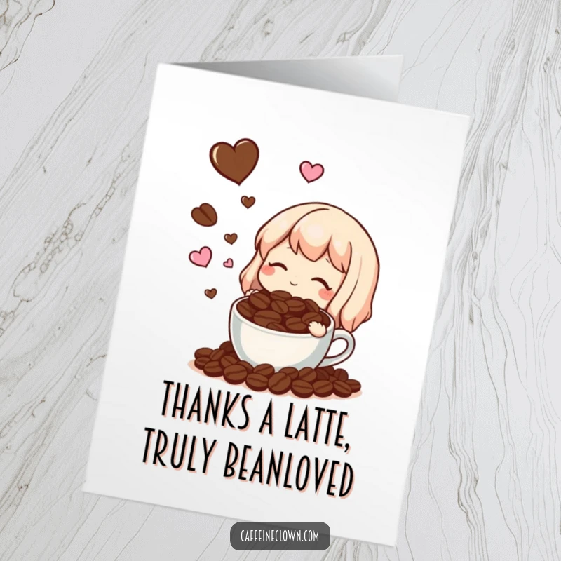 Funny Free Printable Thank You Card: Character dreaming of coffee beans and hearts, expressing gratitude.