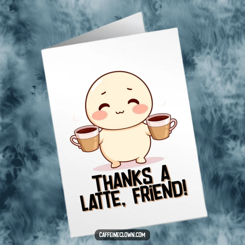 Funny Free Printable Thank You Card featuring a determined character juggling three steaming coffee cups in gratitude.