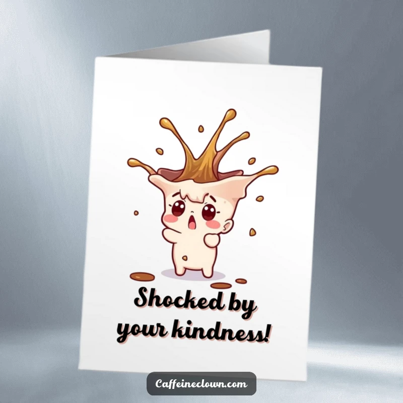 Funny Free Printable Thank You Card: Tiny character startled by an upward erupting coffee splash, expressing thanks.