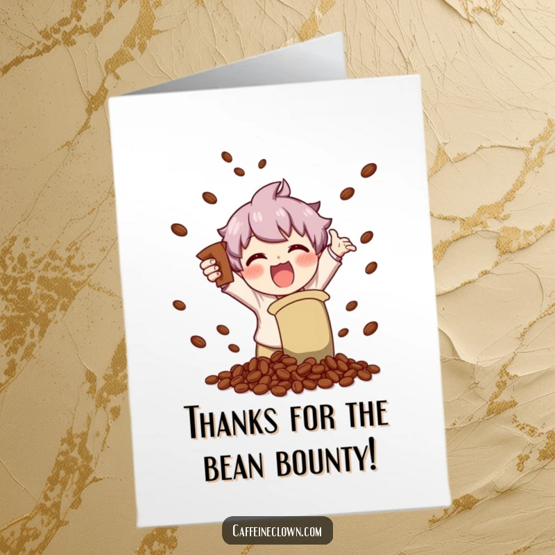 Funny Free Printable Thank You Card of a character enthusiastically shaking a coffee bag, scattering beans in a burst of appreciation.