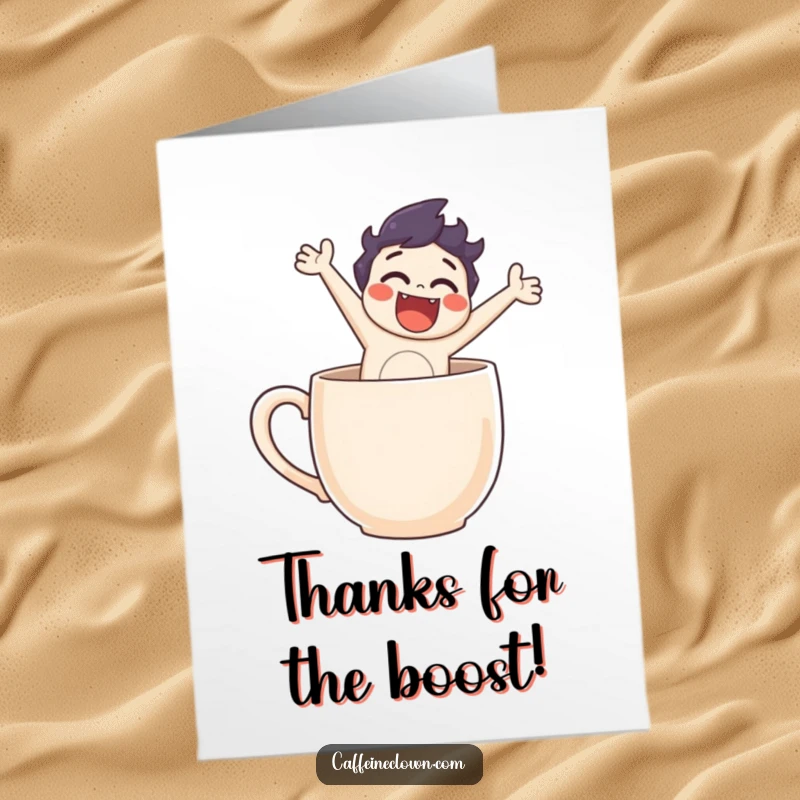 Funny Free Printable Thank You Card: Character bursting out of a coffee mug with a joyful leap to say thanks.