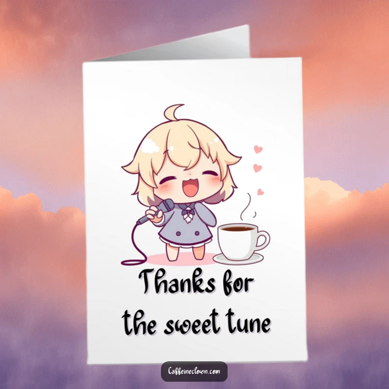 Funny Free Printable Thank You Card of a character joyfully singing with a spoon as a microphone, coffee always close by.