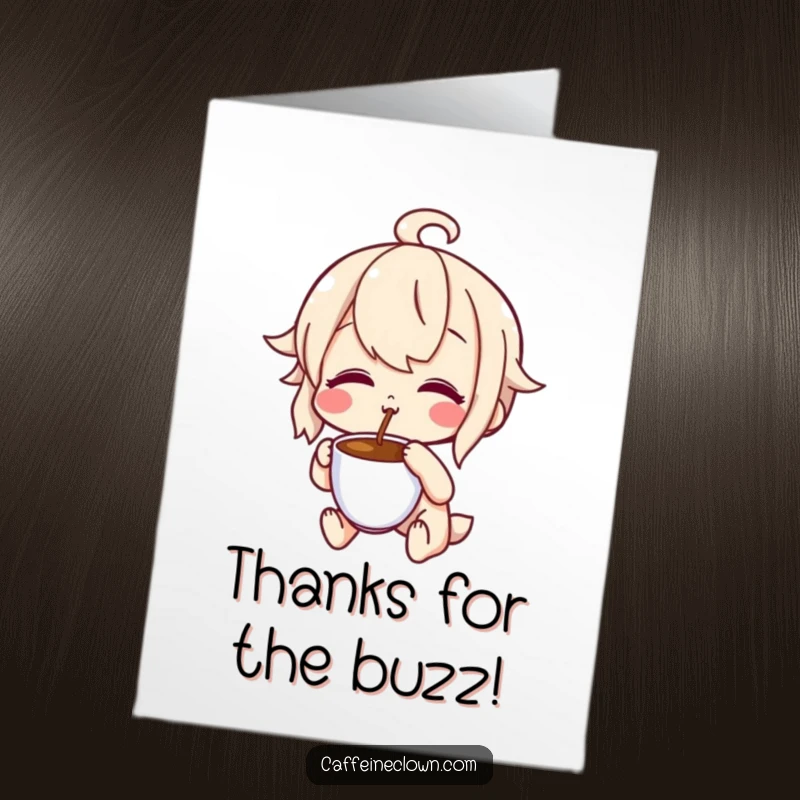 Funny Free Printable Thank You Card: A character puckering with pure delight while tasting coffee, a unique thank you.