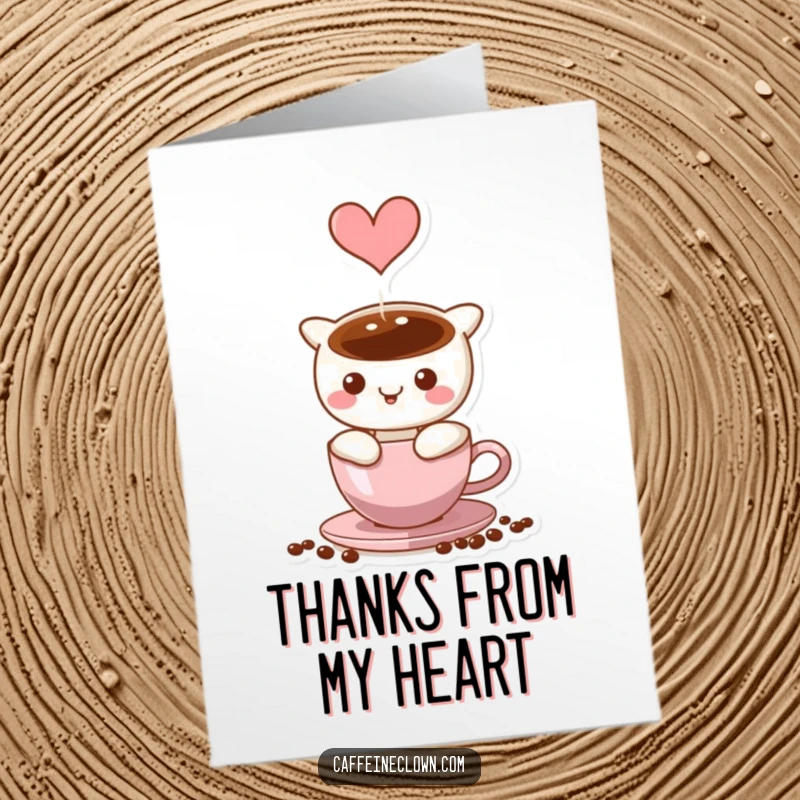 Funny Free Printable Thank You Card: Heart steam above coffee cup, character smiling warmly, appreciative gift.