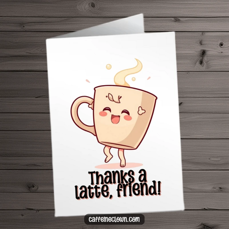 Funny Free Printable Thank You Card: Whimsical coffee character dancing with a steaming cup, conveying thanks.