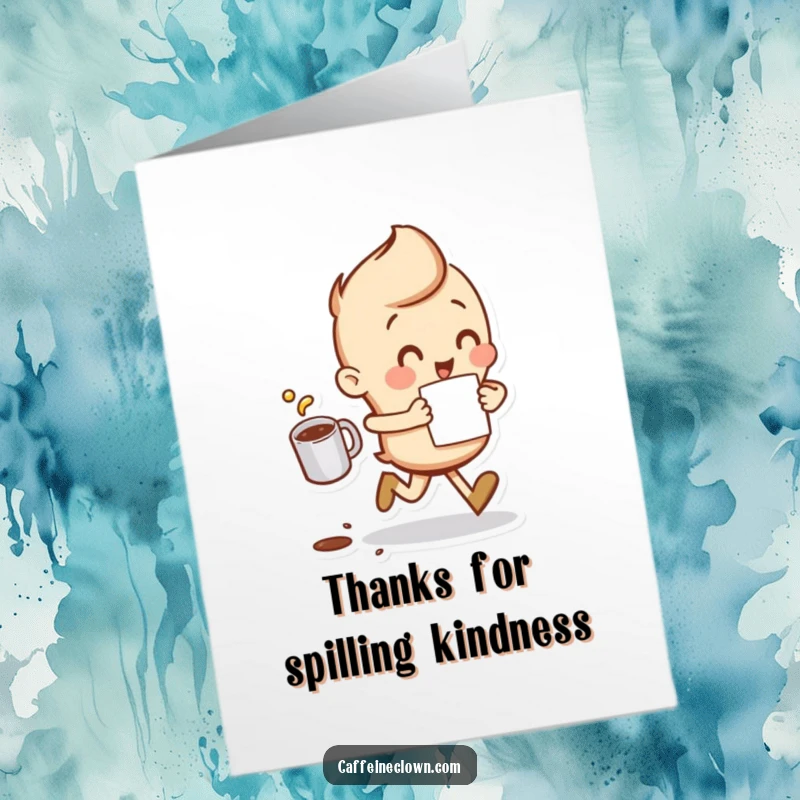 Funny Free Printable Thank You Card: Character running, coffee spilling slightly, energetic thanks, quirky gift.