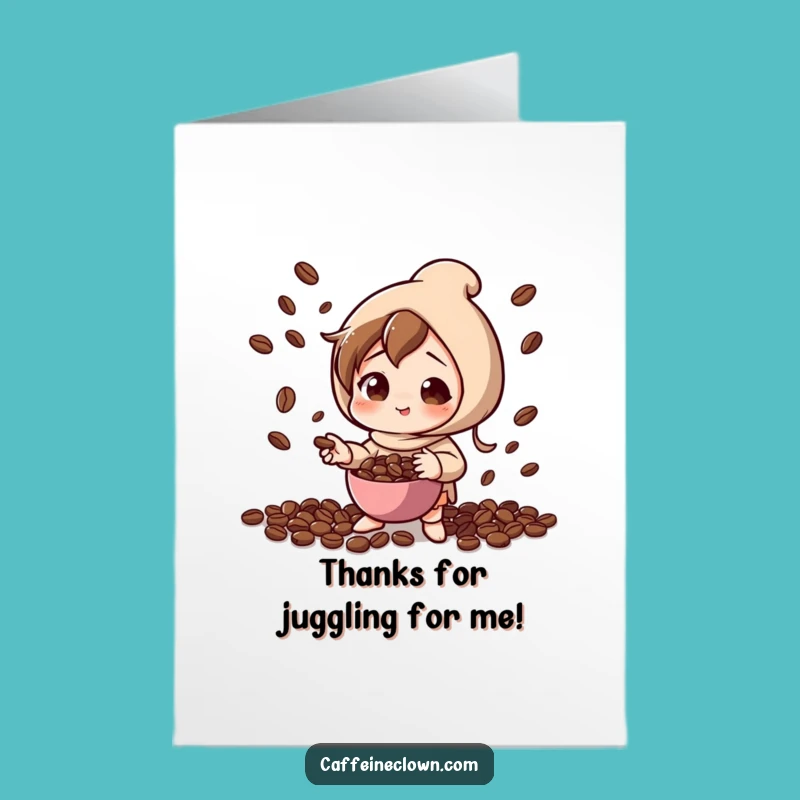 Free Printable Thank You Card: Juggling Coffee Beans Character for a Grateful Downloadable Gift