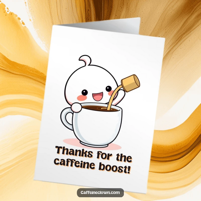 Funny free printable thank you card: Kawaii character gleefully pours coffee into a huge mug, expressing big thanks.