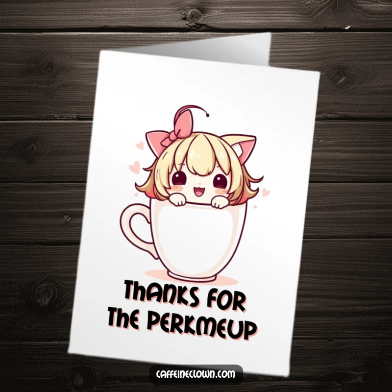 Free Printable Thank You Card: Cute character adorning a coffee cup with a playful flourish, a charming way to say thank you.