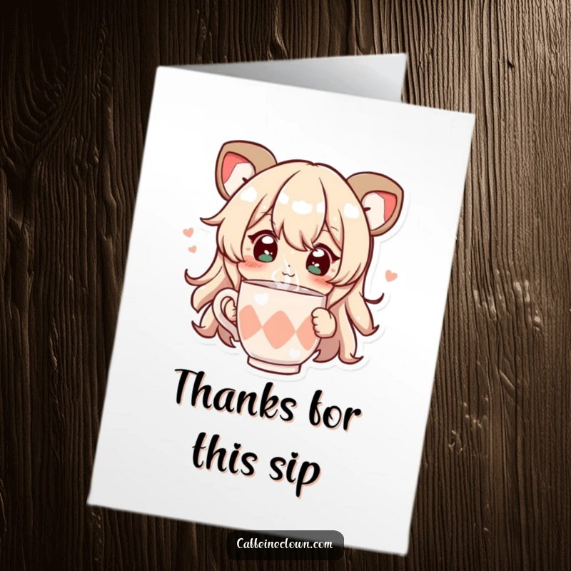 Free Printable Thank You Card: Character with sparkling eyes, joyfully sipping from a steaming cup, a peaceful and humorous thank you.
