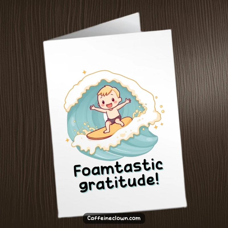 Funny Free Printable Thank You Card: Adorable subject surfs a wave of latte foam, sending thanks joyfully.