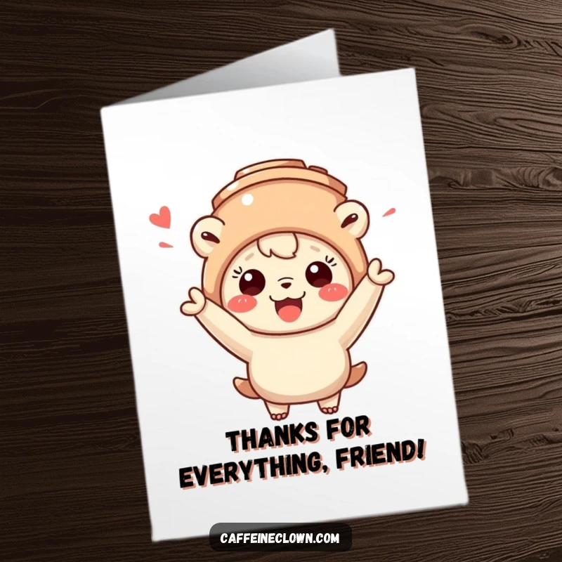 Funny Free Printable Thank You Card: A sweet creature dons a coffee mug hat, cheering energetically to express sincere thanks.