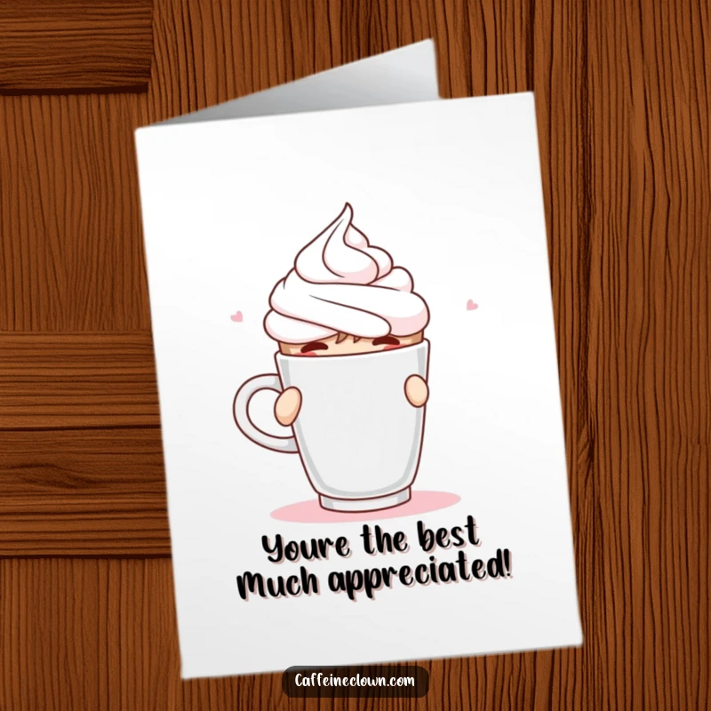 Funny Free Printable Thank You Card: Character spraying whipped cream mid-sip from coffee, a sweet, messy thank you, cool downloadable gift.
