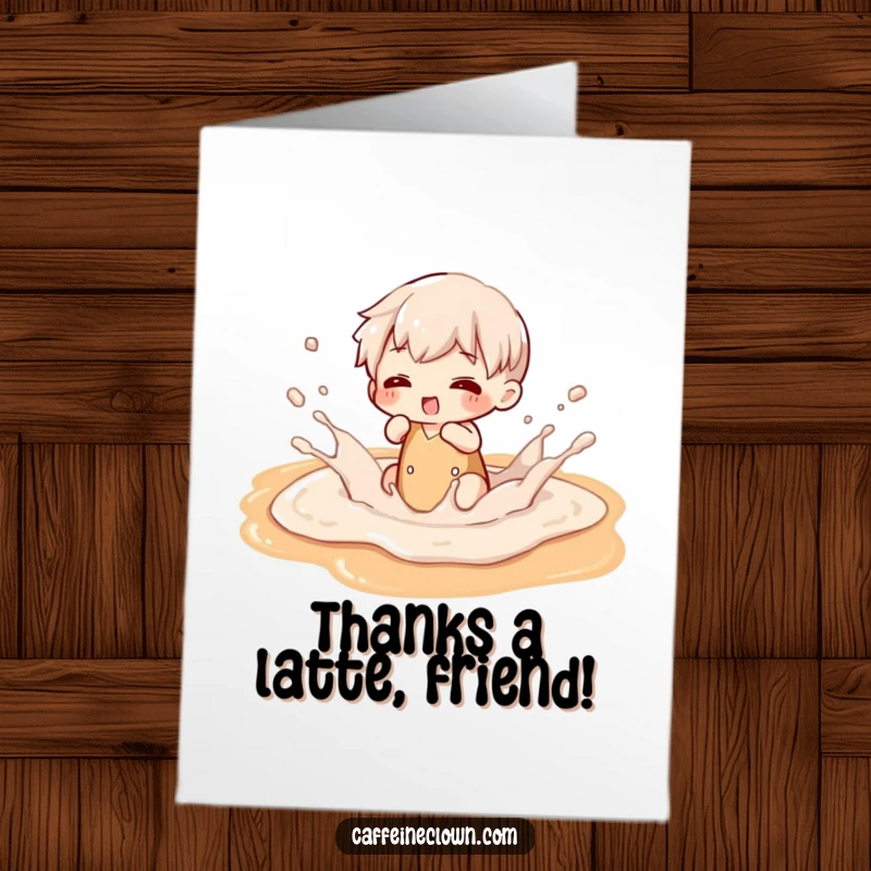Funny Free Printable Thank You Card: A character delightedly splashing in a pool of delicious latte art, expressing thanks.