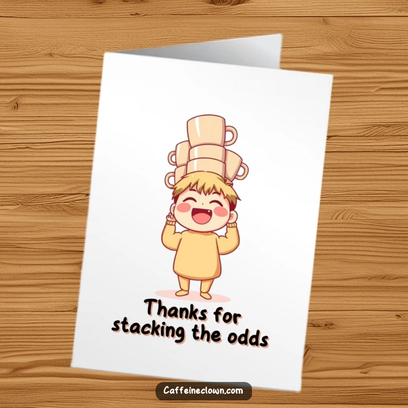 Funny Free Printable Thank You Card: A character laughs hysterically while balancing a precarious stack of coffee mugs, expressing thanks.