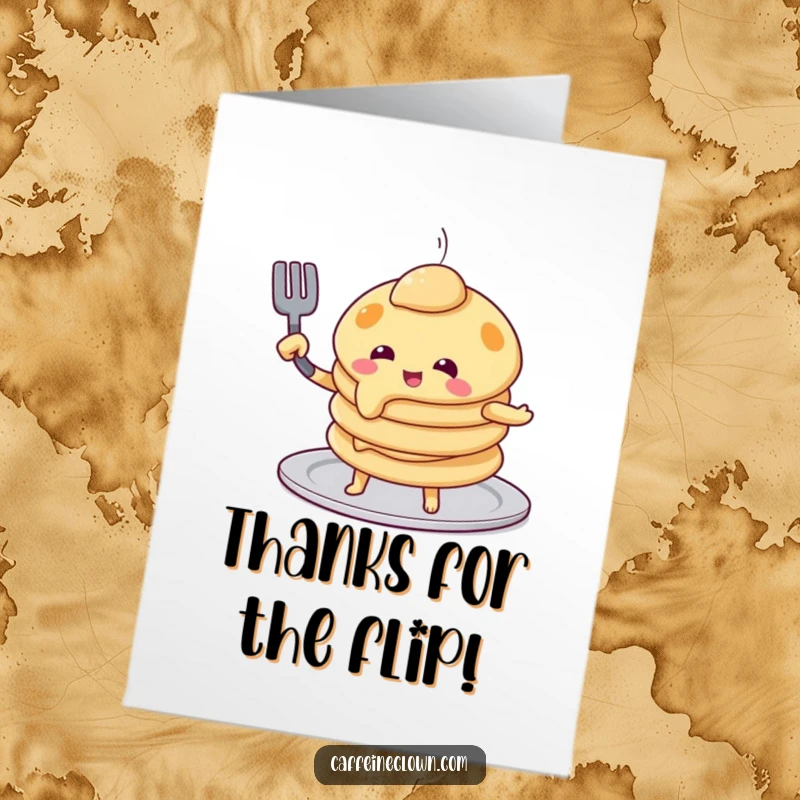 Funny Free Printable Thank You Card: A playful pancake character attempts a flip with a spatula, humorously showing gratitude.
