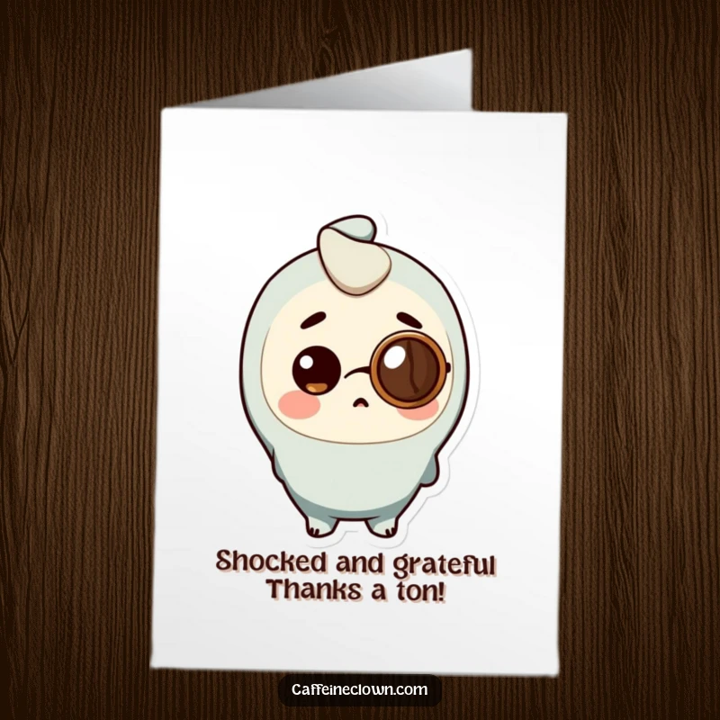 Funny Free Printable Thank You Card: Character wearing coffee bean monocle, looking surprised, a delightful thank you, cool downloadable gift.