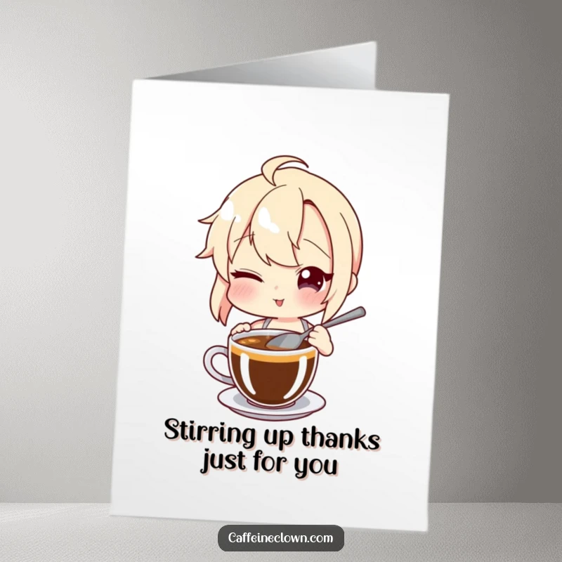 Funny Free Printable Thank You Card: A character winks charmingly while stirring a coffee, conveying sincere thanks.