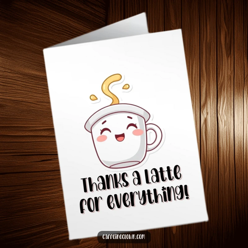 Funny Free Printable Thank You Card: Coffee mug hat character spilling joyful steam, showing gratitude, perfect downloadable gift.