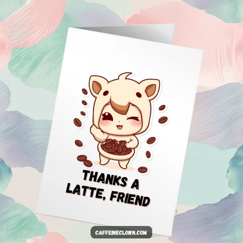Funny free printable thank you card: Character winks and juggles coffee beans with a playful smirk, showing appreciation with flair.