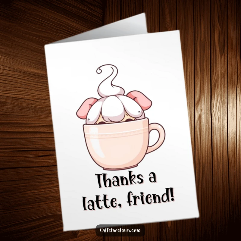 Funny Free Printable Thank You Card: A cute character peeking over a steaming mug, conveying thanks with wide, happy eyes.