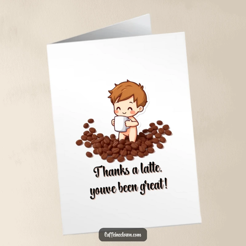 Funny Free Printable Thank You Card: A small figure hilariously spills coffee beans while holding a mug, expressing thanks.