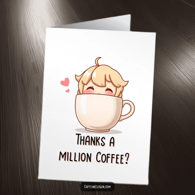 Funny Free Printable Thank You Card showing a blushing character blissfully sipping from a comically large coffee cup.
