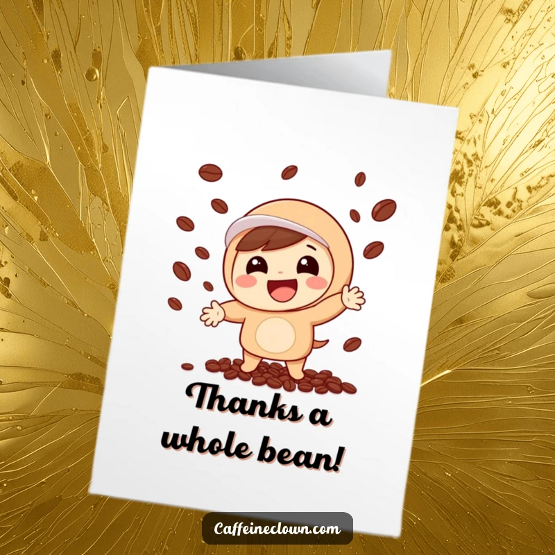 Free Printable Thank You Card: Character juggling coffee beans with a wide grin, a humorous way to say thanks.