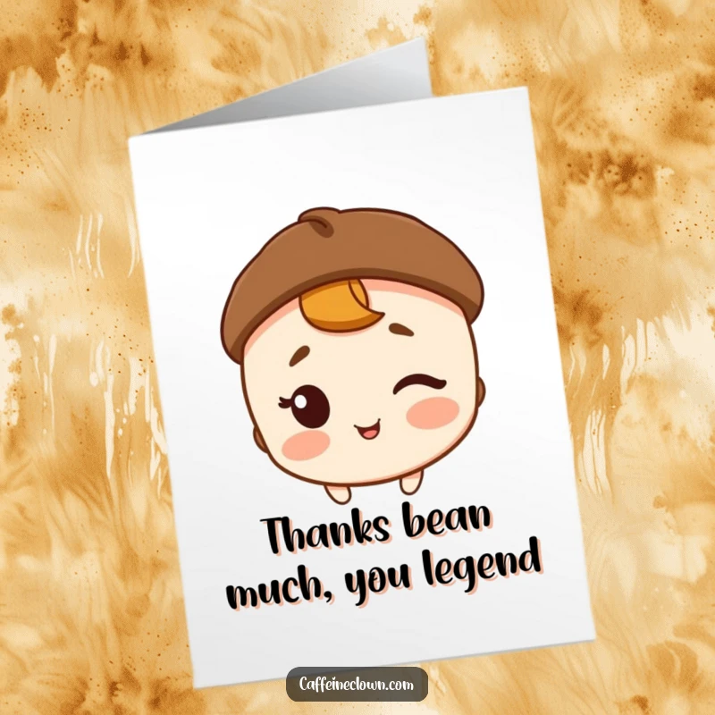 Funny Free Printable Thank You Card: Character wearing a coffee bean hat winks with a smile, saying thank you.