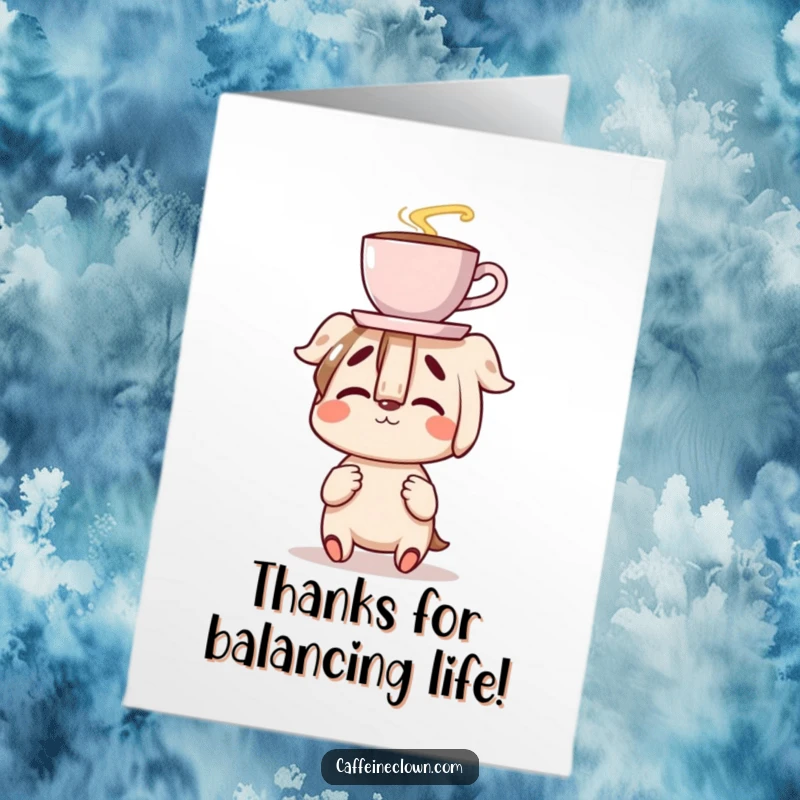 Funny Free Printable Thank You Card: Character happily balancing a coffee cup on their nose, a picture of clumsy delight.