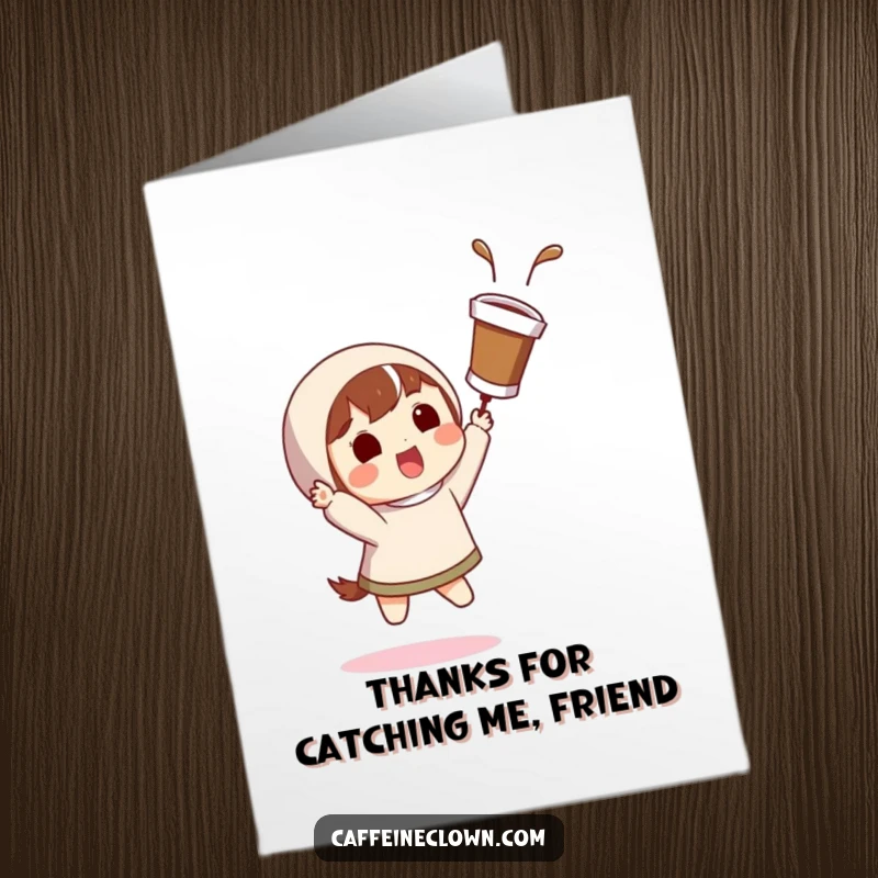 Funny Free Printable Thank You Card: Character surprised catching a flying coffee cup, expressing thanks.