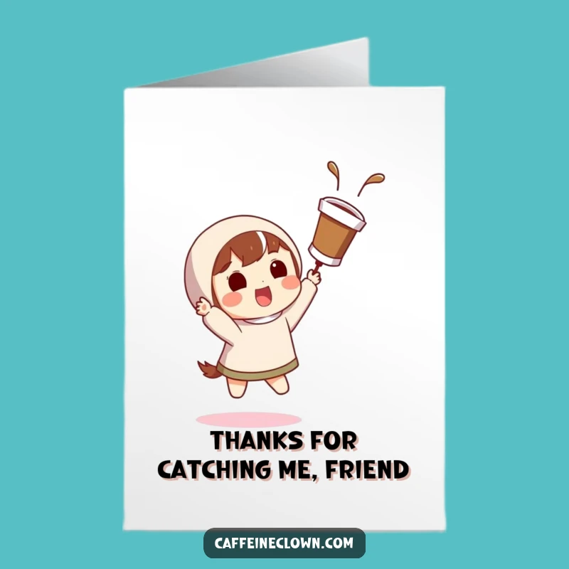 Free Printable Thank You Card: Flying Coffee Cup Surprise Funny Greeting