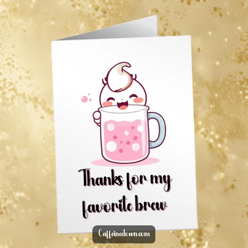 Free Printable Thank You Card: Kawaii character gleefully mixing bubbling liquids in a large mug, a funny way to say thanks.