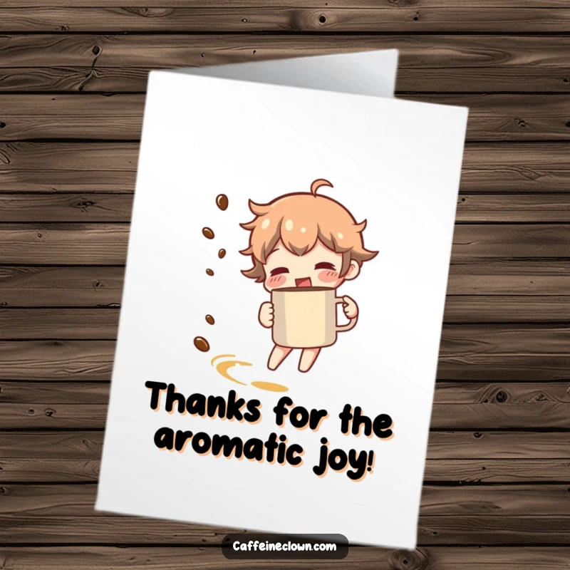 Funny Free Printable Thank You Card: Character spinning with a coffee mug, a trail of coffee aroma suggesting thanks, joyful gesture.