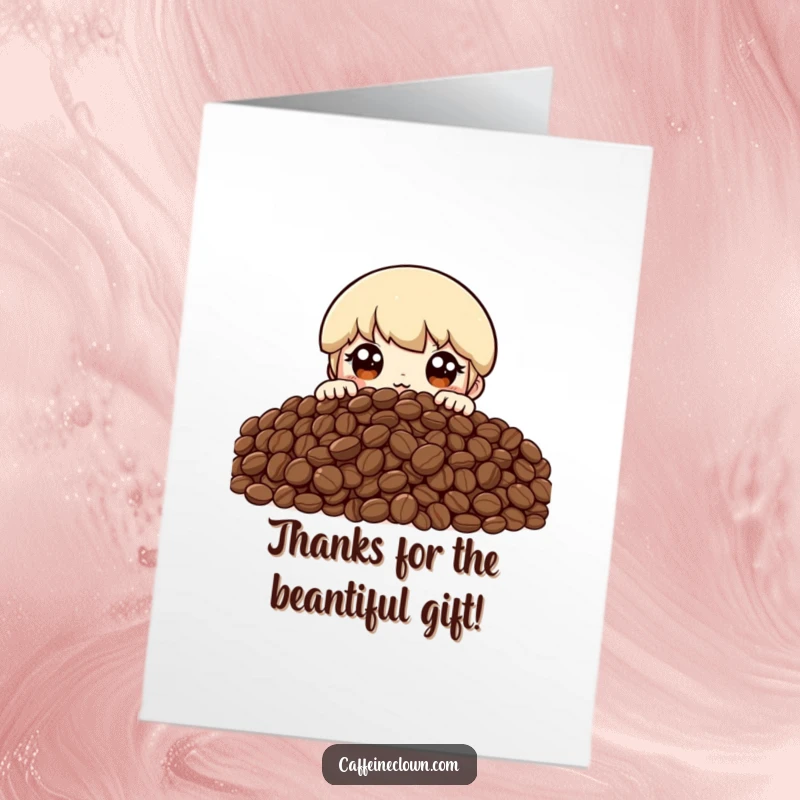 Funny Free Printable Thank You Card: Excited coffee character peeking from a massive pile of coffee beans with wide, happy eyes.