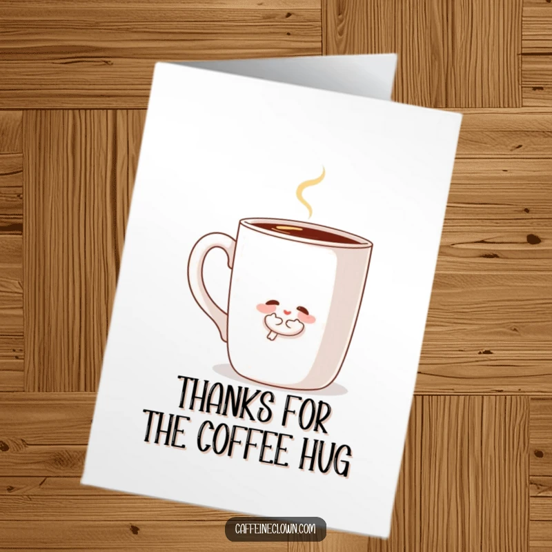 Funny Free Printable Thank You Card: A little character hugs a giant, steaming coffee mug, conveying heartfelt thanks.