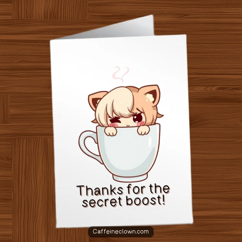 Funny Free Printable Thank You Card: Character peeking with a playful, mischievous smile from behind a steaming coffee cup, cute thanks.