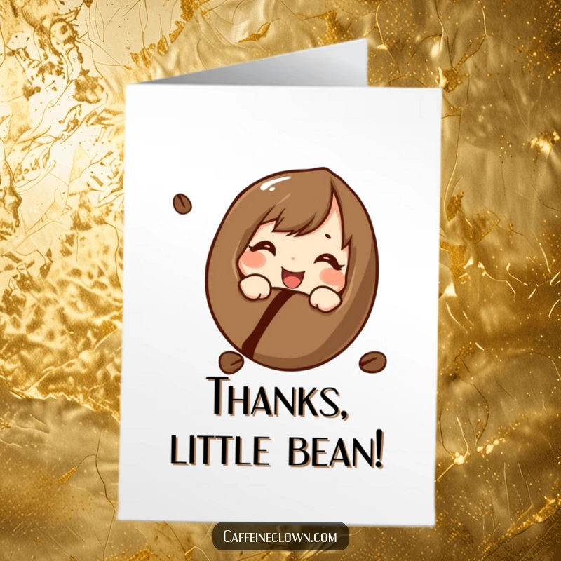 Funny Free Printable Thank You Card: Character looking with cheerful curiosity into a coffee bean, a unique thank you.