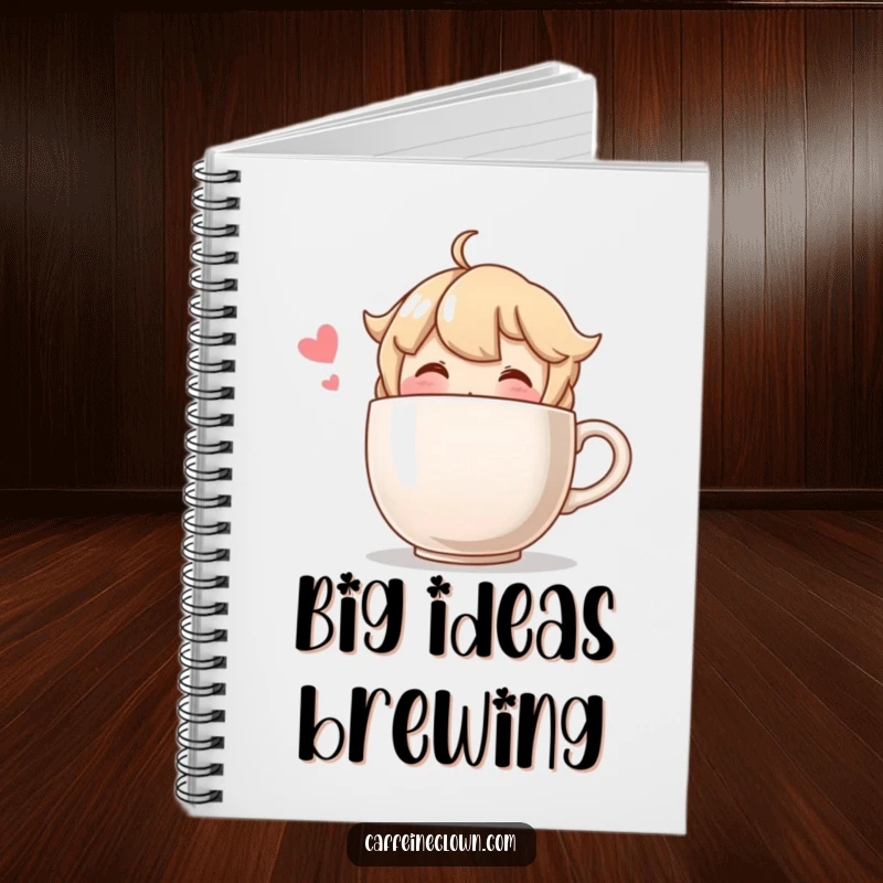 Funny notebook with a blushing character happily sipping from a comically oversized coffee cup, perfect for journaling.