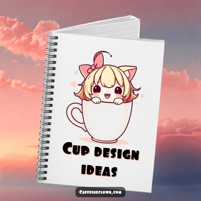 Funny notebook cover with a cute character adorning a coffee cup with a playful flourish, inspiring creative writing.