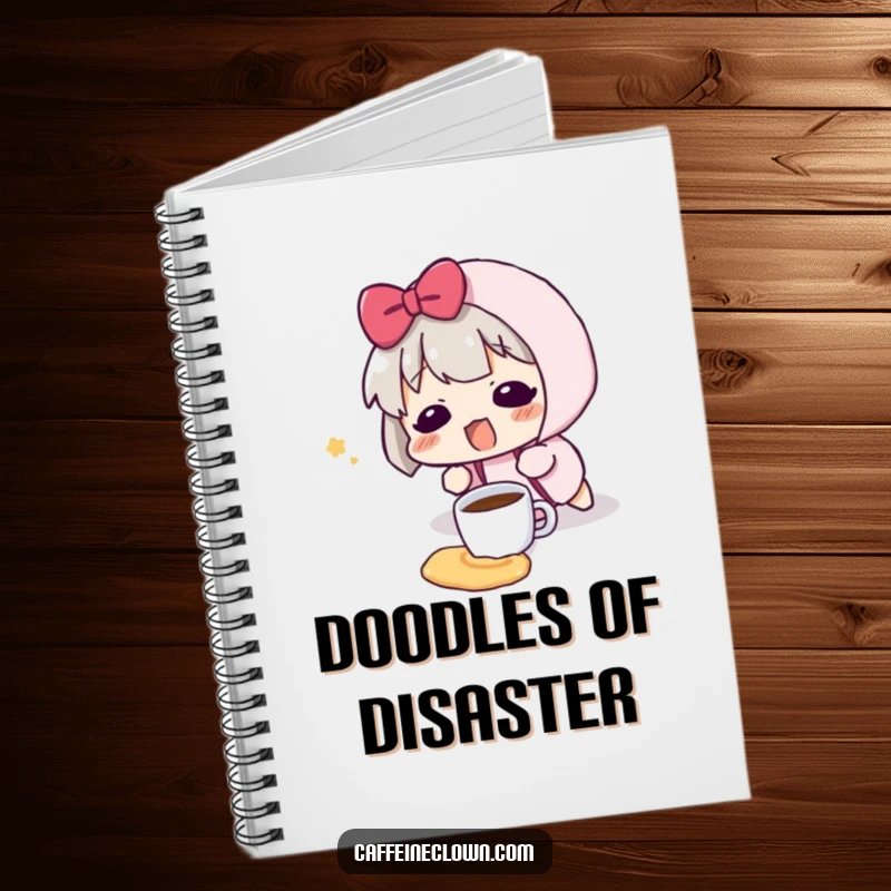 Funny notebook with a character tripping and spilling a tiny coffee cup, complete with a surprised blush.