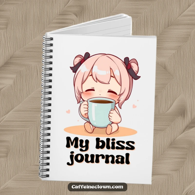 Funny notebook with a character sipping coffee with eyes closed in bliss, inspiring creative writing and calm notes.