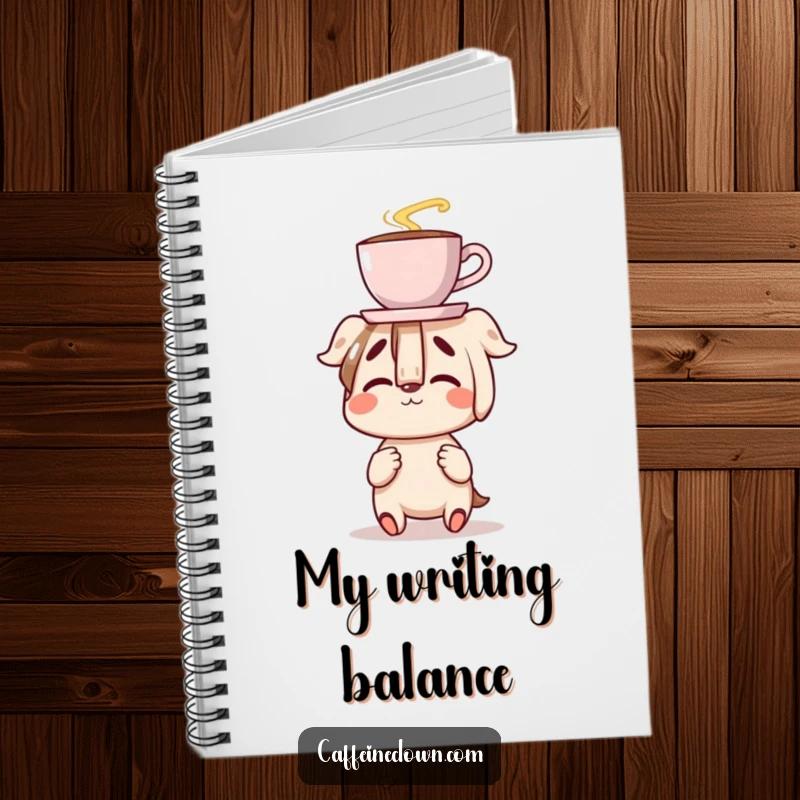 Funny notebook with a character clumsily balancing a coffee cup on their nose, inspiring creativity with a humorous, clumsy coffee-themed focus.