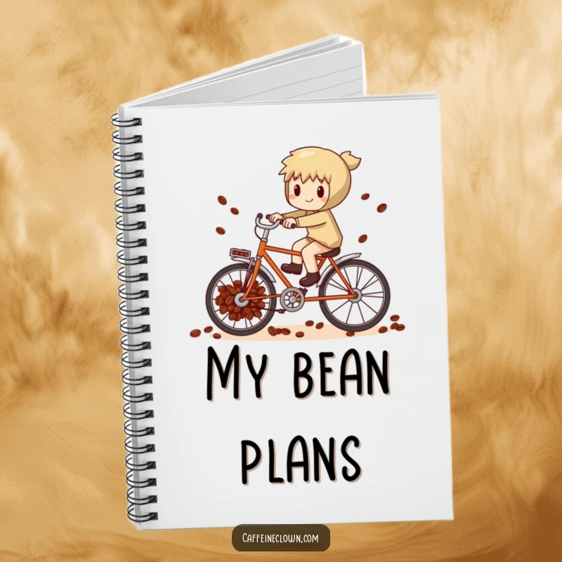 Funny whimsical character attempting to pedal a bicycle powered by coffee beans, on the cover of a notebook.