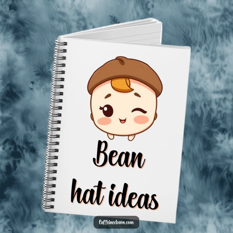 Funny notebook with a winking character in a coffee bean hat, inspiring creative writing and coffee-themed notes.