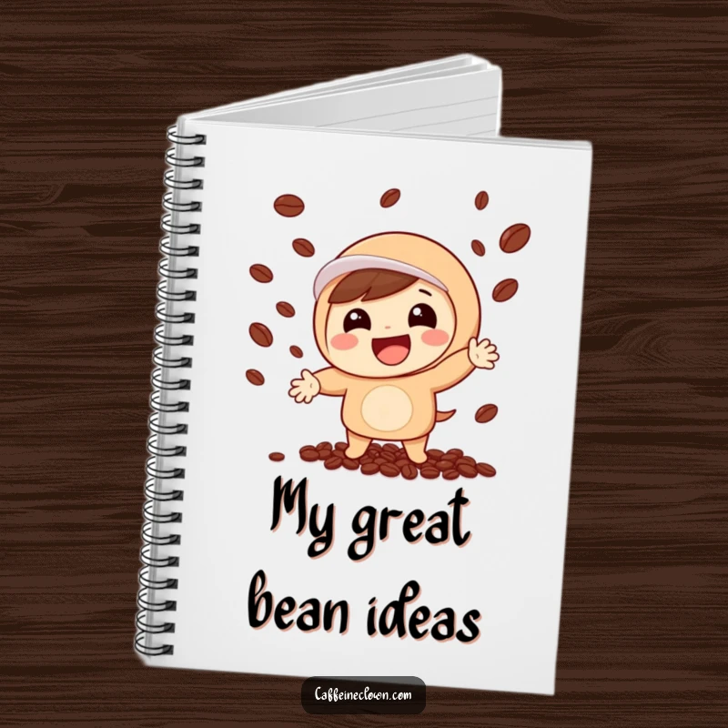 Funny notebook cover with a cheerful character juggling coffee beans, inspiring creativity and smiles for note-taking enthusiasts.