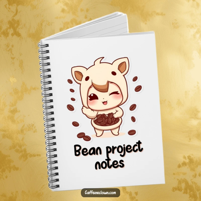 Funny Notebook: Character winking with a playful smirk while juggling coffee beans, inspiring witty ideas.