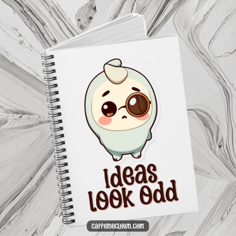 Funny Notebook showing a character wearing a coffee bean monocle, looking surprised, for writing and drawing.