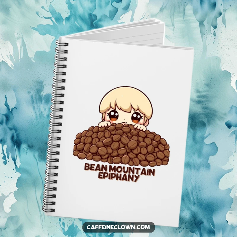 Funny notebook cover featuring a character peeking over a massive pile of coffee beans with wide, excited eyes, inspiring creative thoughts.