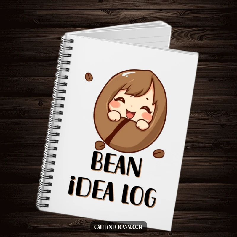 Funny notebook with a character curiously and cheerfully looking at a coffee bean, inspiring creativity with a humorous, coffee-origin fascination theme.